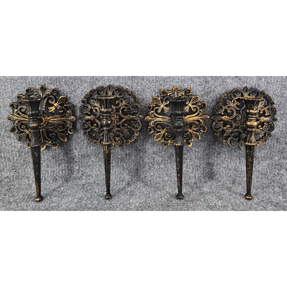 Vtg MCM Gothic Wall Sconces Black Antiqued Gold Holders Set of 4 Baroque Homco